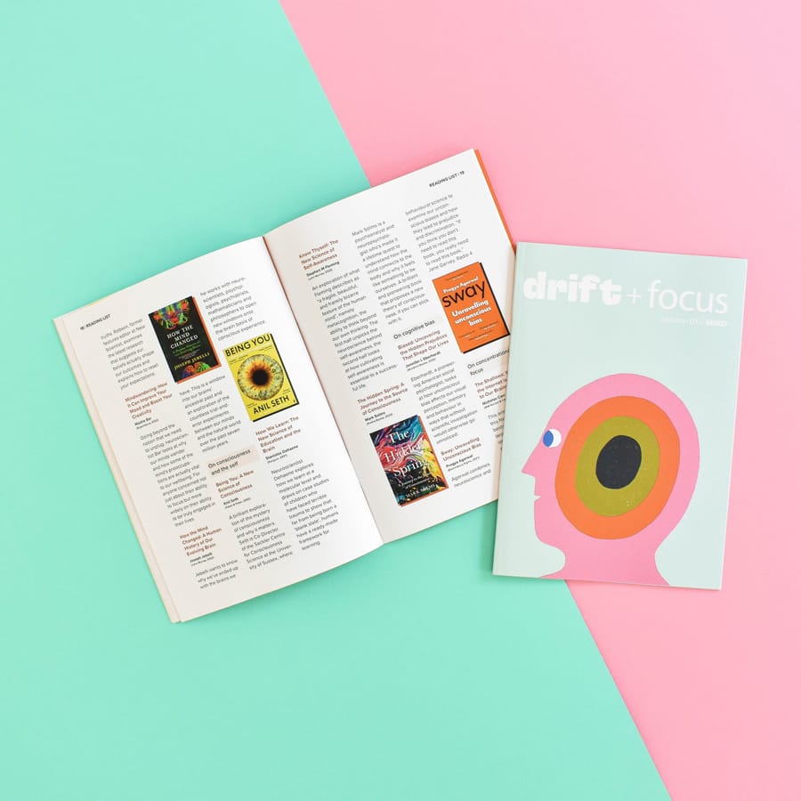 Drift and Focus magazine open at a page of recommending further reading