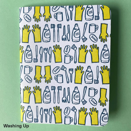 Pocket notebook with letterpress cover depicting rows of illustrated washing up paraphernalia in indigo and yellow